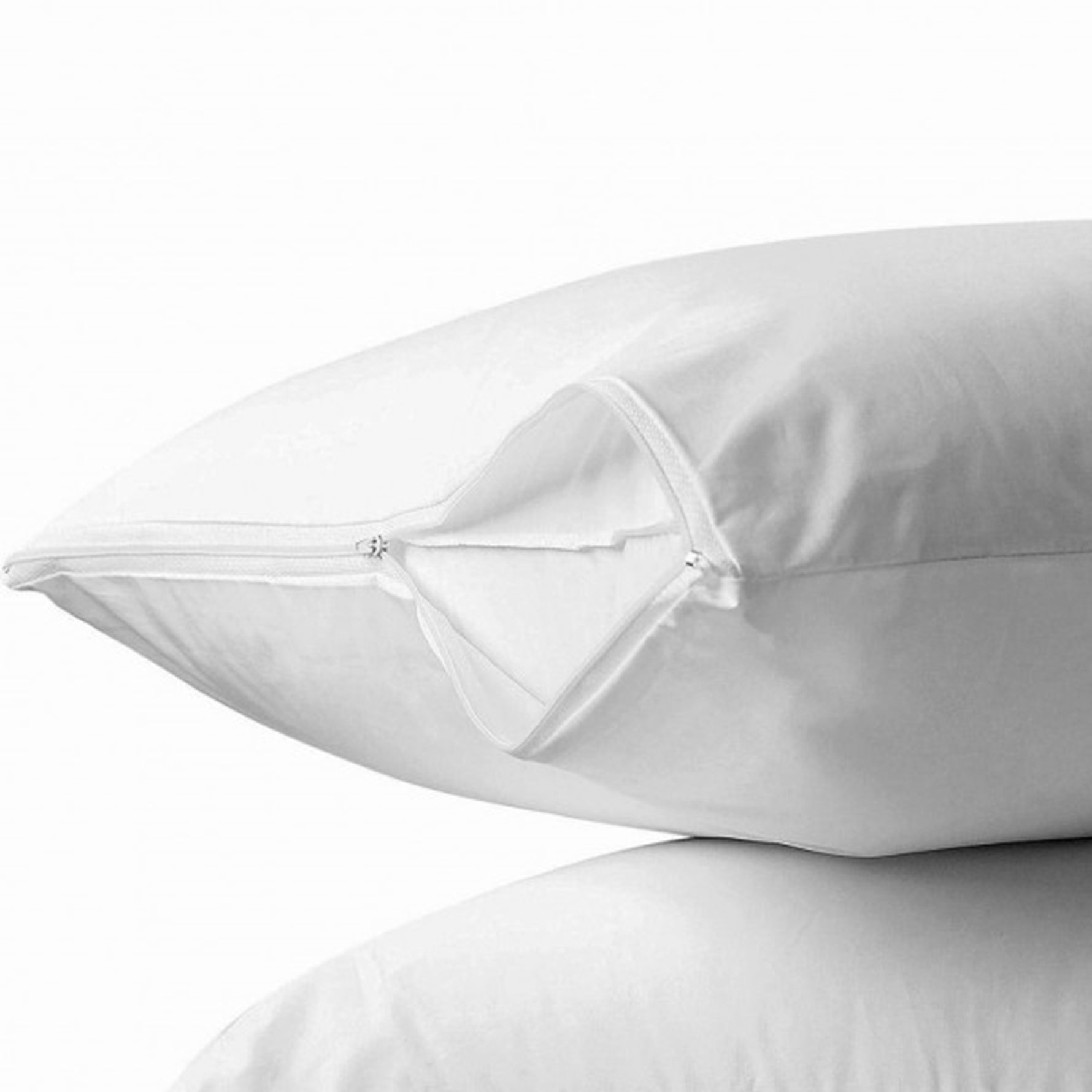 White Micro Fresh pillow protector with zip closure partially unzipped on a pillow against a white background.