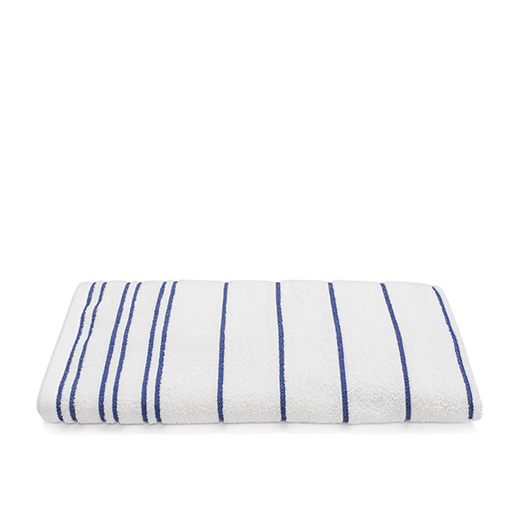 Folded white terry pool towel with ink blue horizontal pinstripes on a white background.