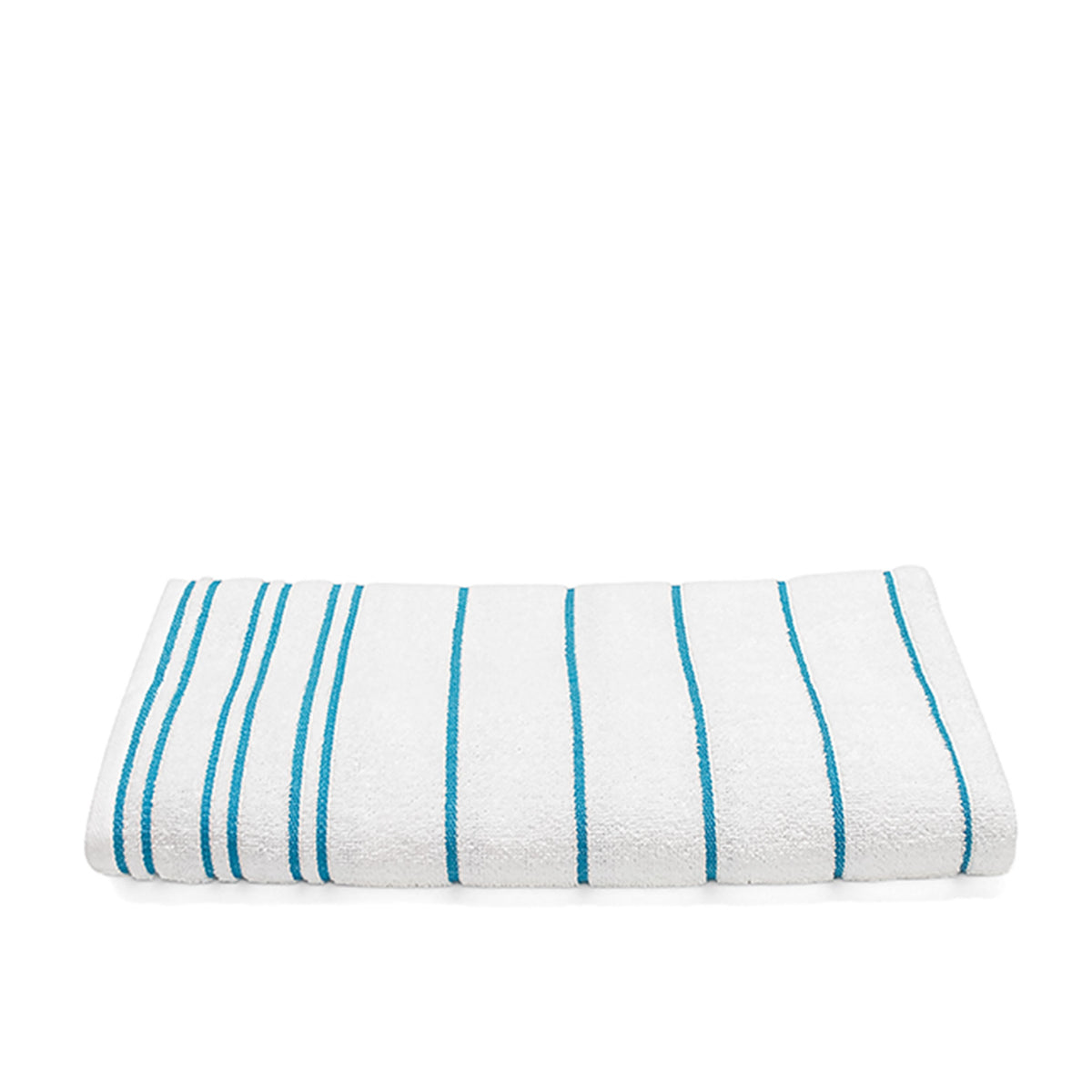 Folded white terry pool towel with turquoise blue horizontal pinstripes on a white background.