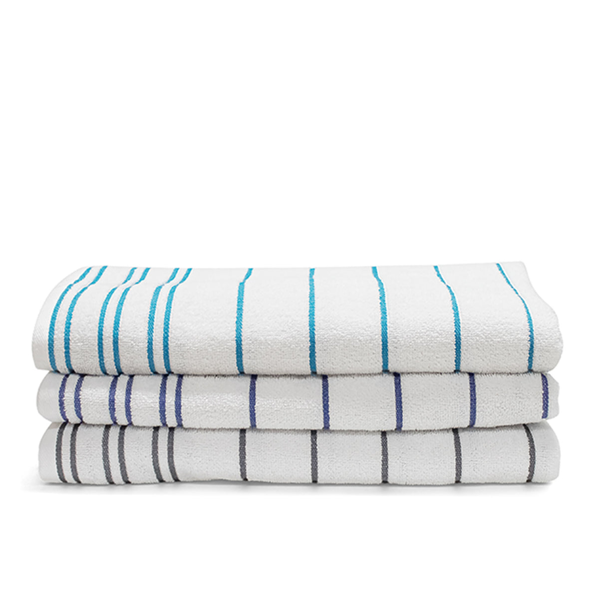 Stacked white terry pool towels with steel grey, ink blue and turquoise blue horizontal stripe details on a white background.