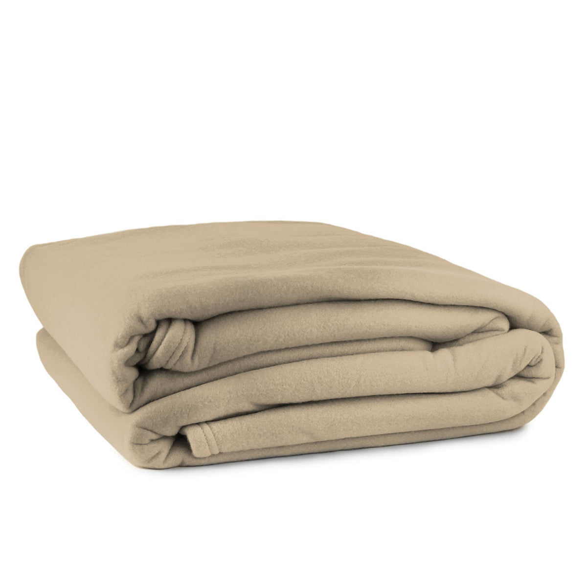 A folded camel beige polar fleece blanket on a white background.