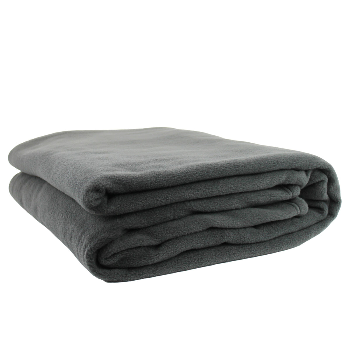 A folded charcoal grey polar fleece blanket on a white background.