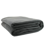 A folded charcoal grey polar fleece blanket on a white background.