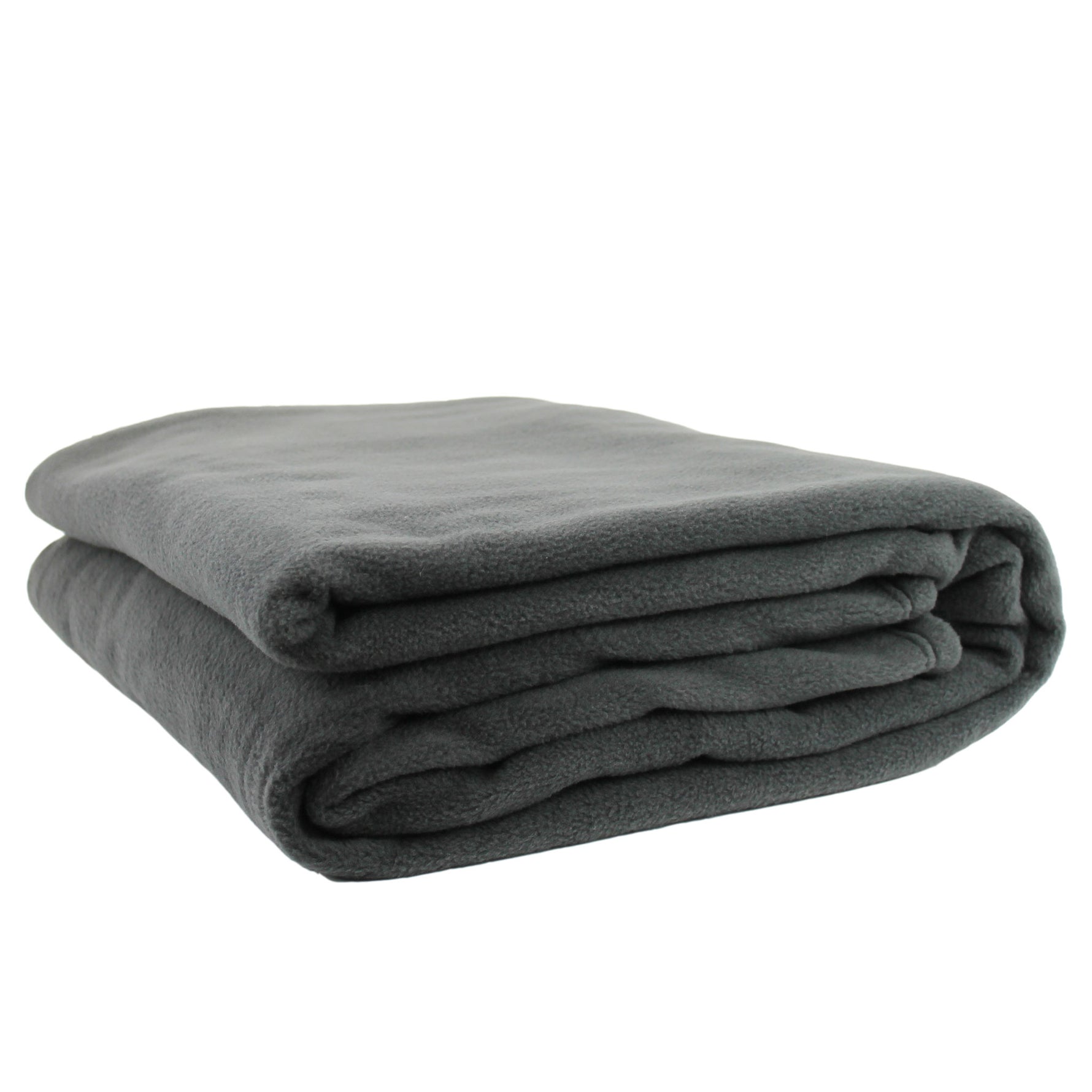 A folded charcoal grey polar fleece blanket on a white background.