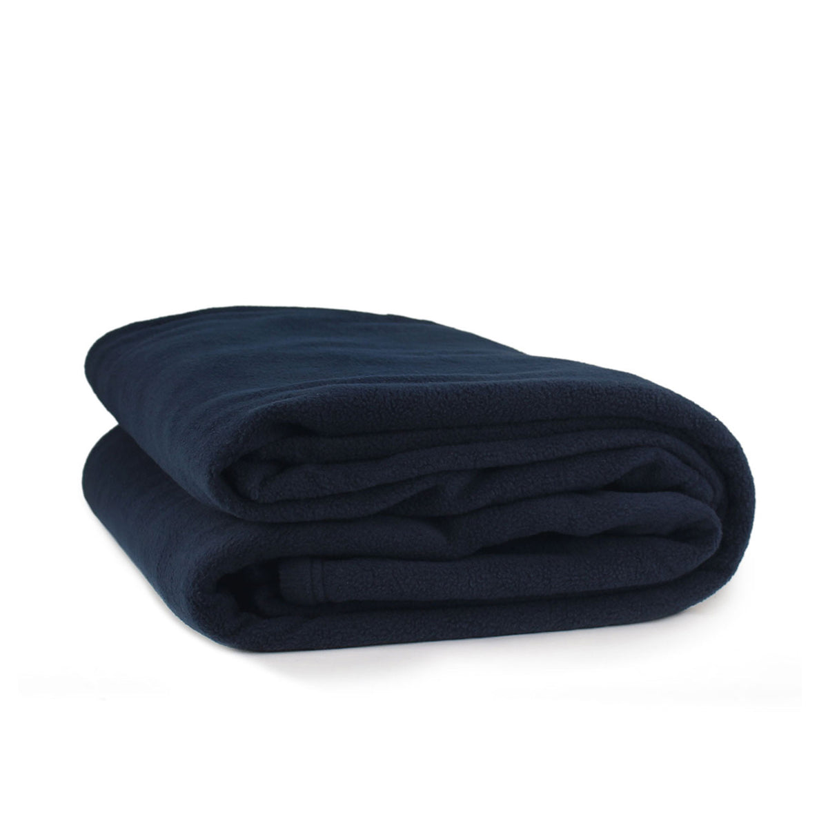 A folded navy blue polar fleece blanket on a white background.
