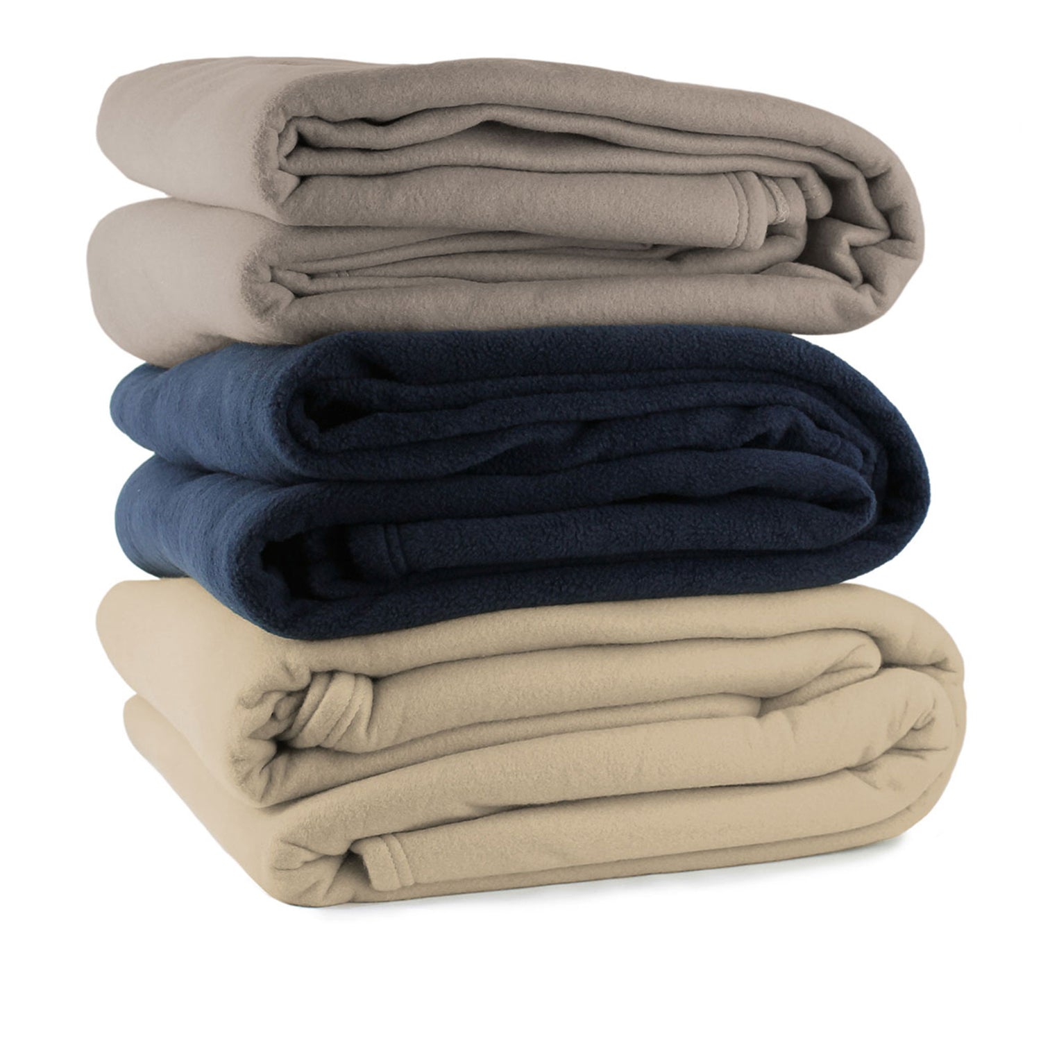 Stack of folded Polar Fleece blankets in latte, navy, and camel colourways on a white background.