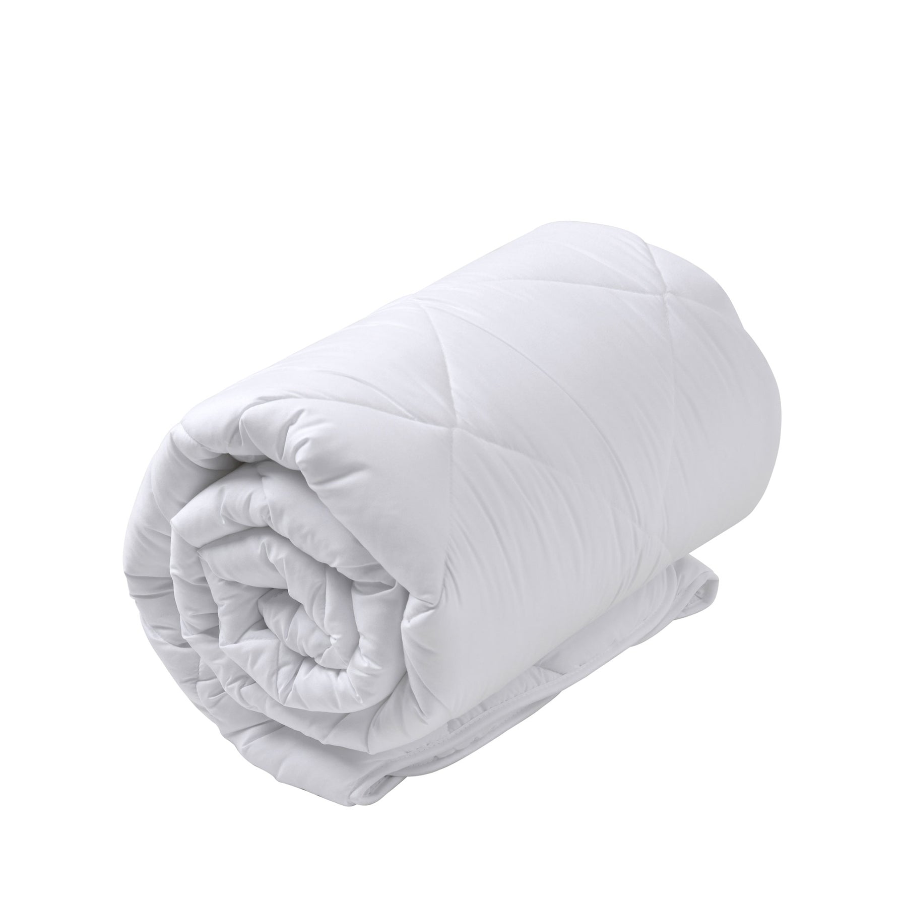 Rolled white diamond-quilted Repreve all-seasons quilt shown in a three-quarter view on a white background.