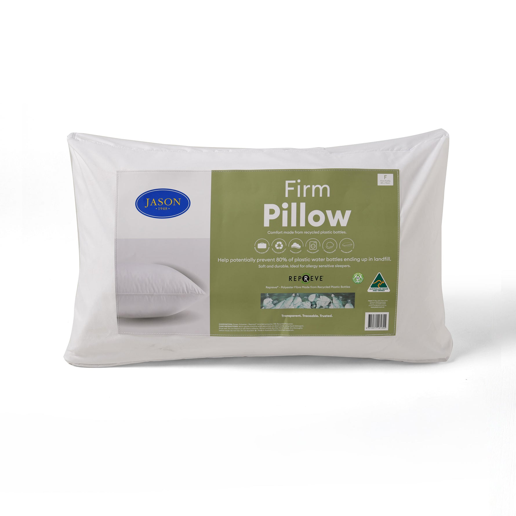 Jason firm repreve pillow packaged in a white fabric bag with branded label on a white background.
