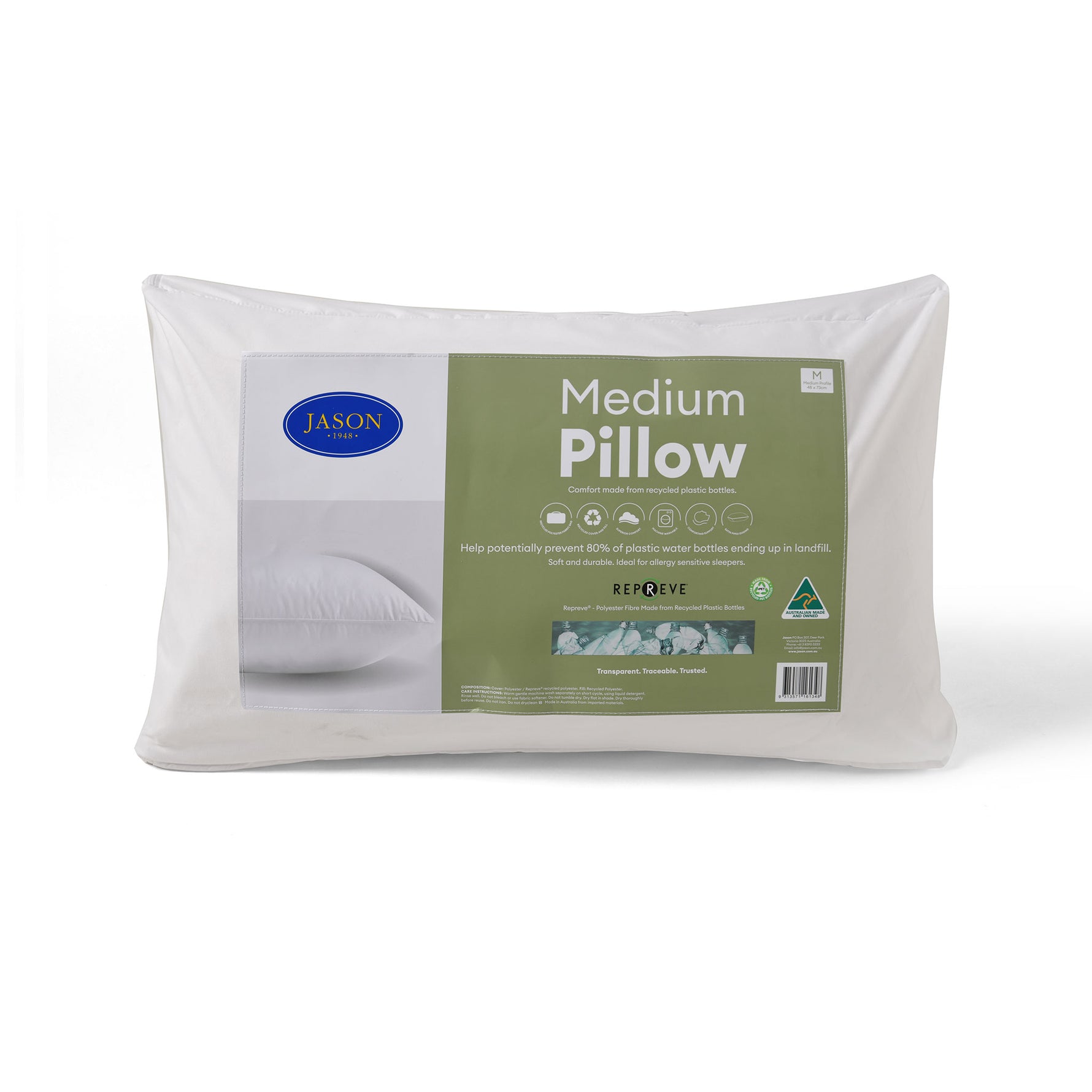 Jason medium repreve pillow packaged in a white fabric bag with branded label on a white background.