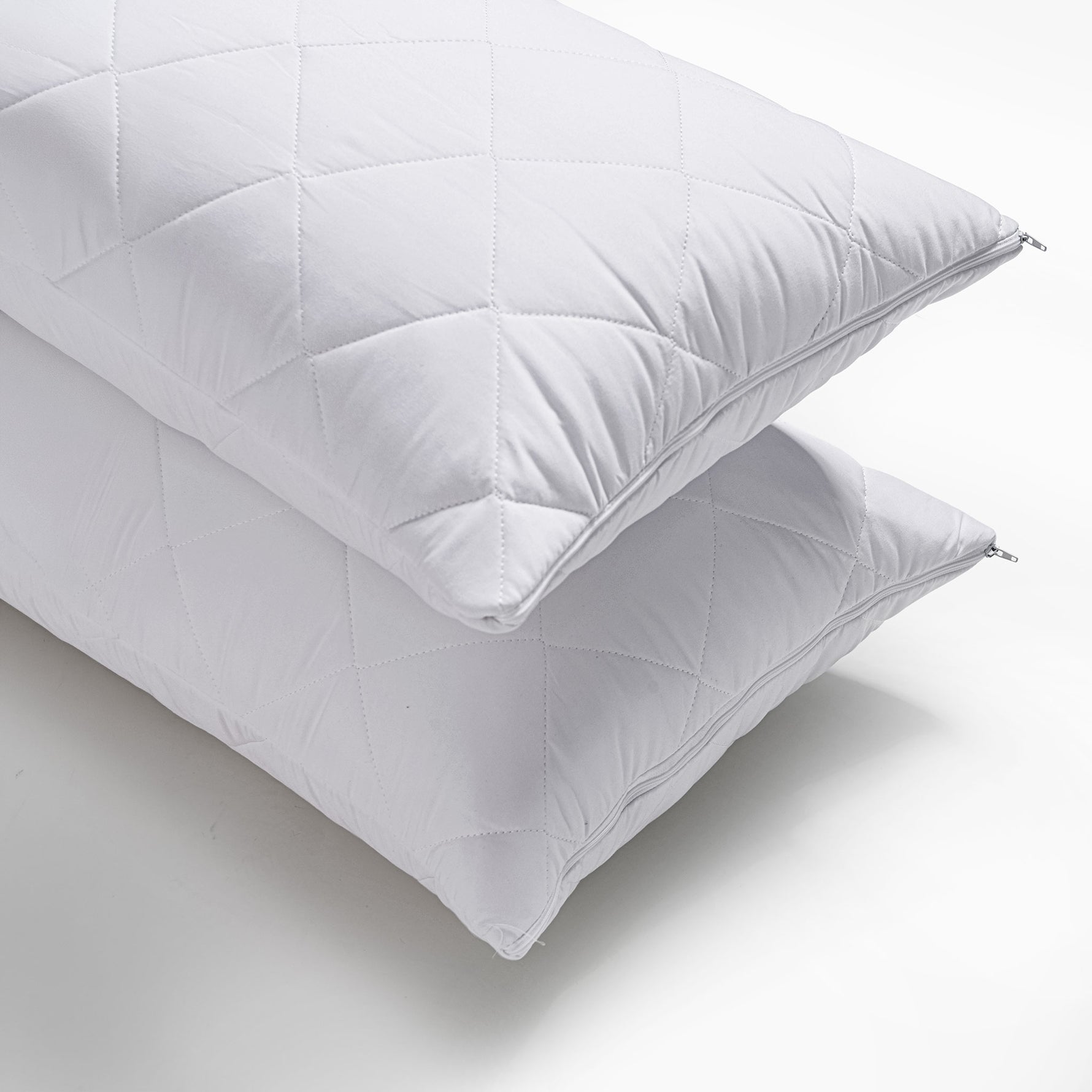 Two pillows inside a quilted white Repreve pillow protector with zip closure, stacked on a white background.