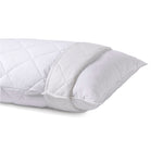  White quilted Repreve pillow protector with zip closure pulled back to reveal a white pillow inside on a white background.