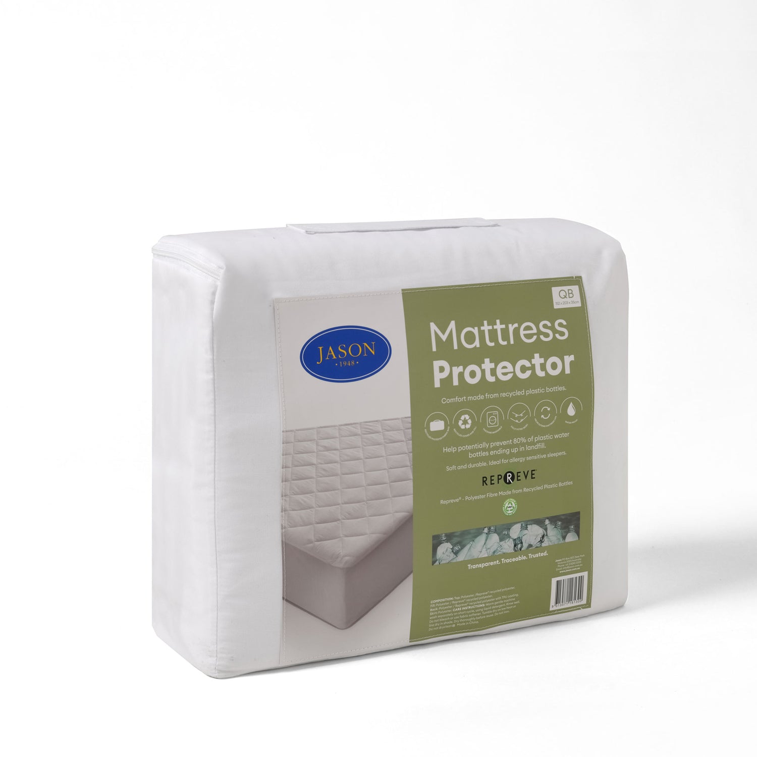 Jason Repreve waterproof mattress protector packaged in a white fabric bag with branded label on a white background.