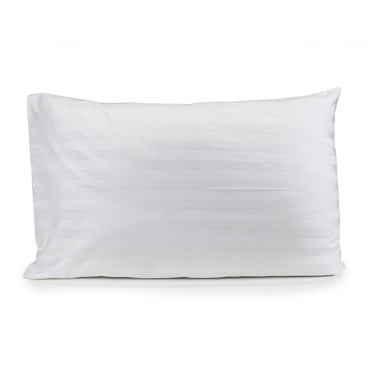 White Satin Stripe pillowcase with horizontal stripes fitted over a pillow on a bed.