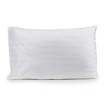 White Satin Stripe pillowcase with horizontal stripes fitted over a pillow on a bed.