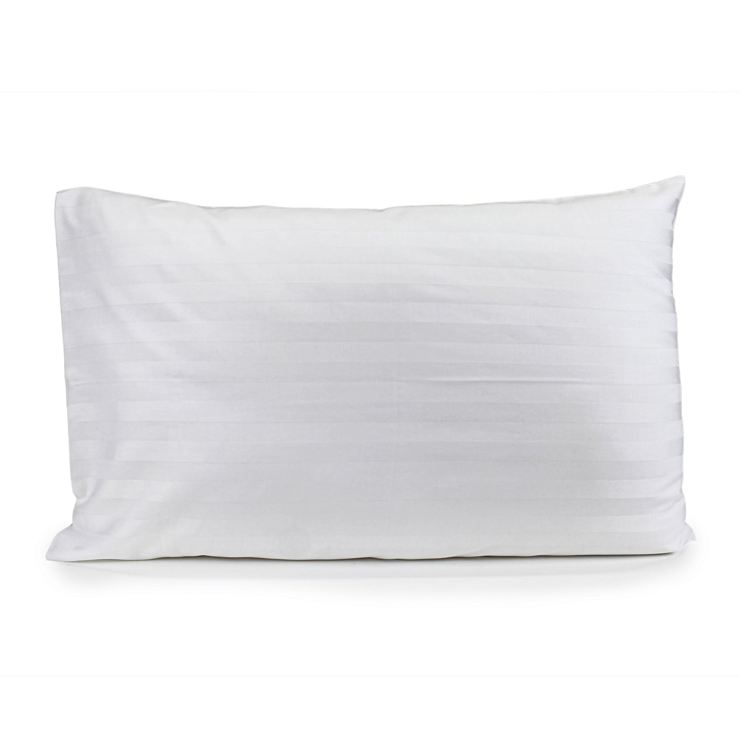 White Satin Stripe pillowcase with horizontal stripes fitted over a pillow on a bed.