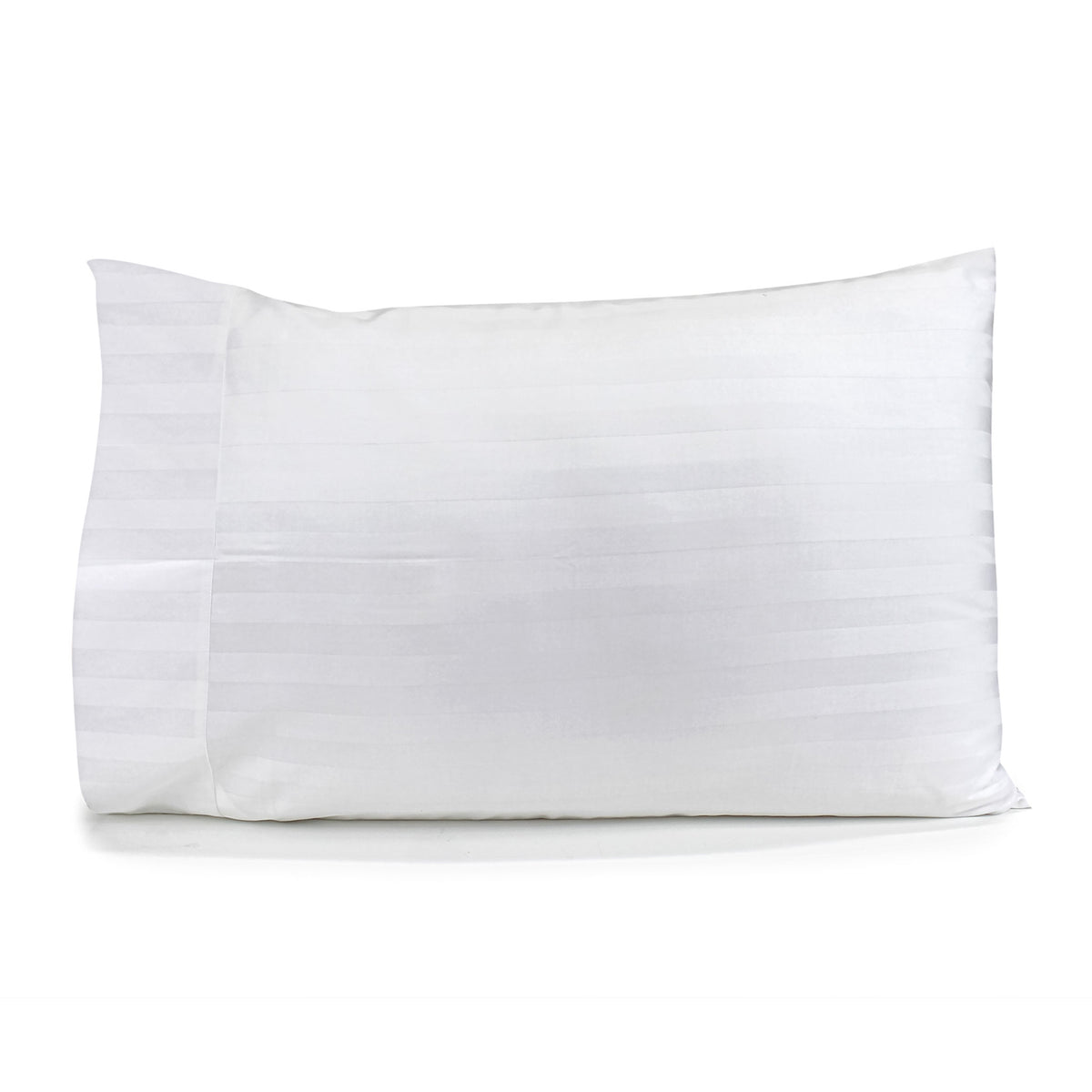 White Satin Stripe pillowcase with horizontal stripes and cuff detail fitted over a pillow on a white background.