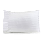 White Satin Stripe pillowcase with horizontal stripes and cuff detail fitted over a pillow on a white background.