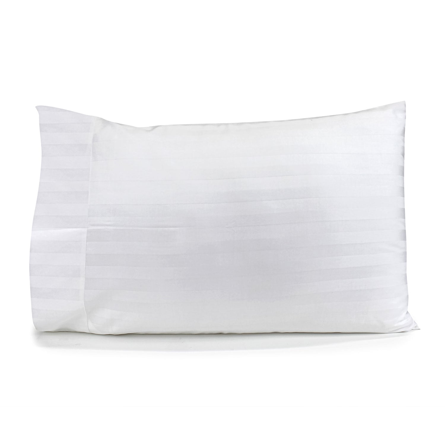 White Satin Stripe pillowcase with horizontal stripes and cuff detail fitted over a pillow on a white background.