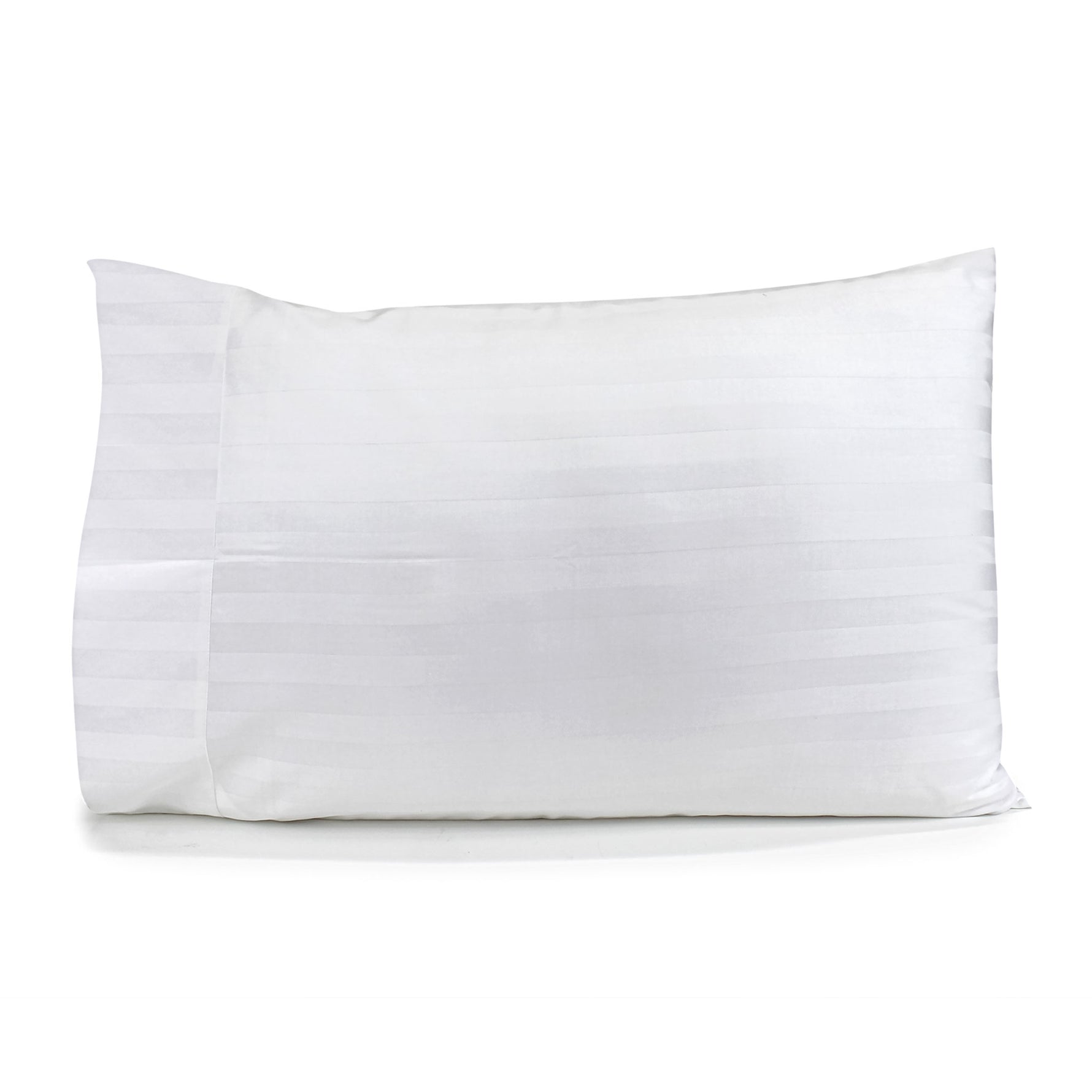 White Satin Stripe pillowcase with horizontal stripes and cuff detail fitted over a pillow on a white background.