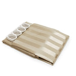 Folded latte shower curtain with satin stripe pattern and shower rings on a white background.