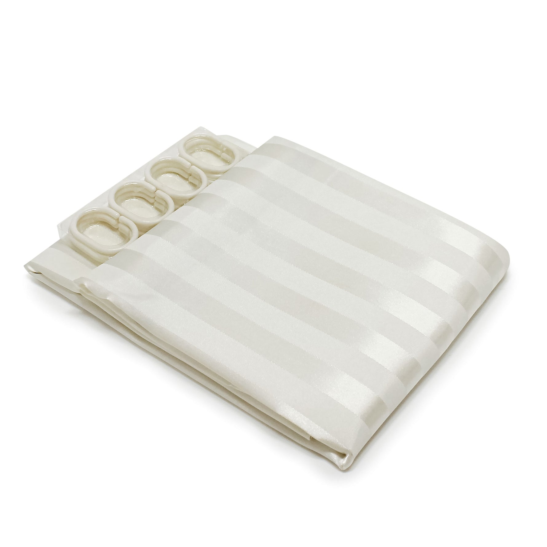 Folded off white natural shower curtain with satin stripe pattern and shower rings on a white background.