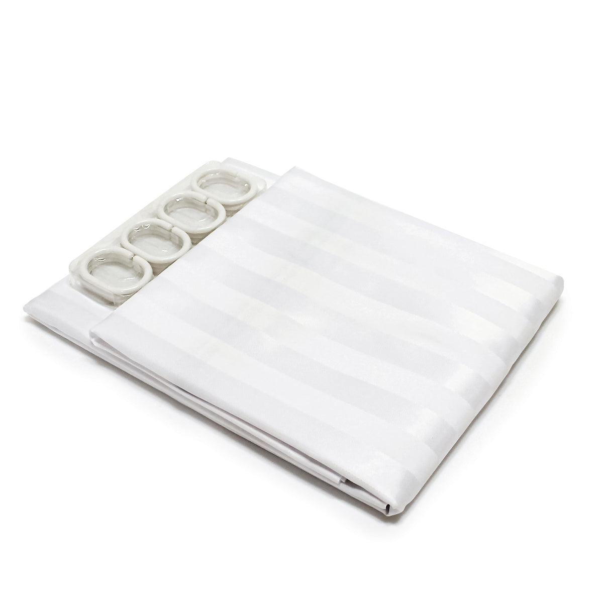 Folded white shower curtain with satin stripe pattern and shower rings on a white background.