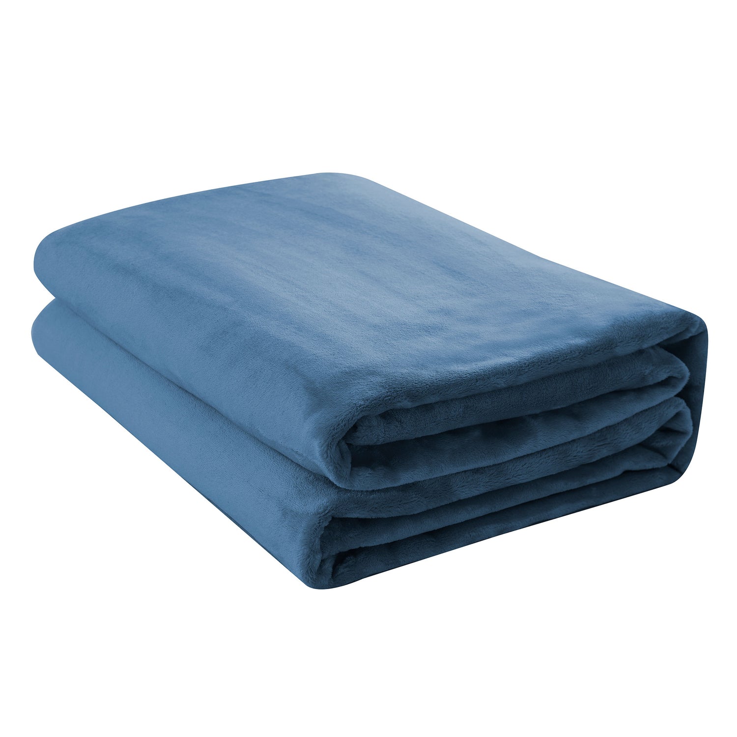 A folded denim blue micro fleece blanket on a white background.