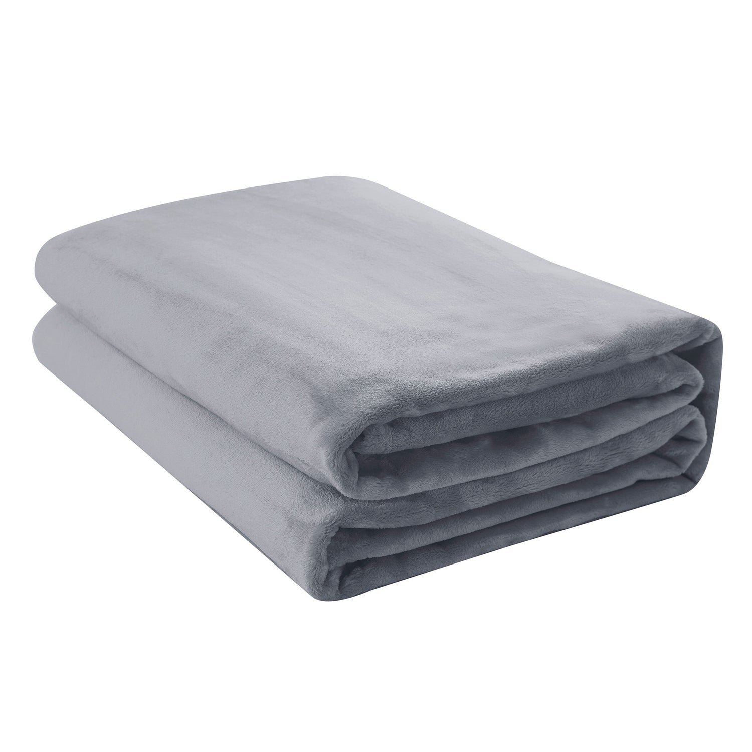 A folded silver grey micro fleece blanket on a white background.