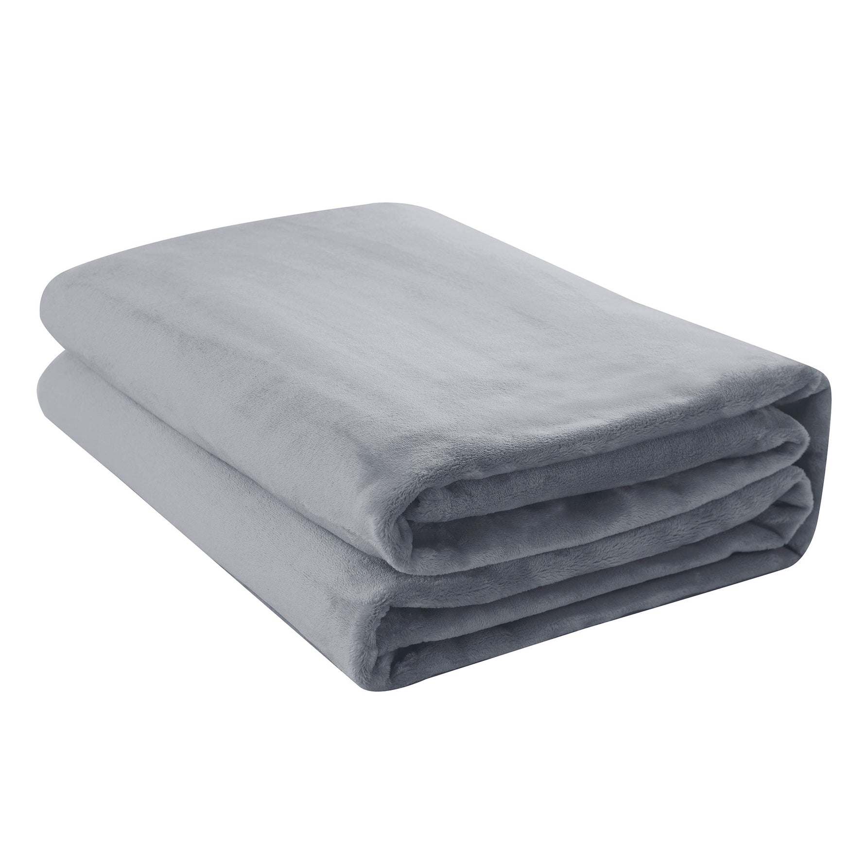 A folded silver grey micro fleece blanket on a white background.