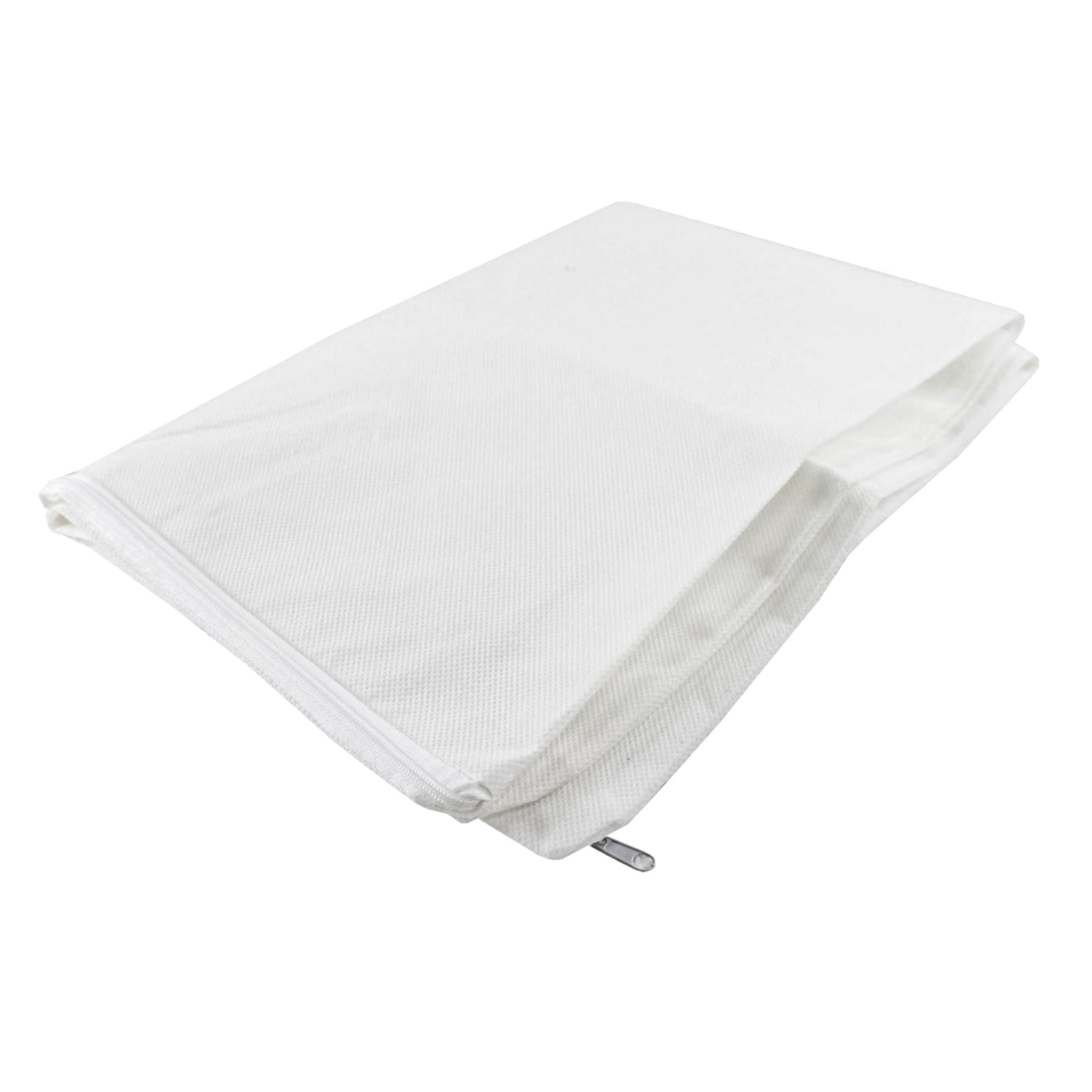 Folded white Superbond polypropylene stain-resistant pillow protector with zip closure on a white background.