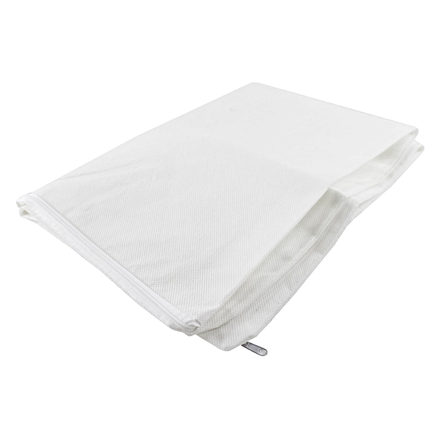 Folded white Superbond polypropylene stain-resistant pillow protector with zip closure on a white background.